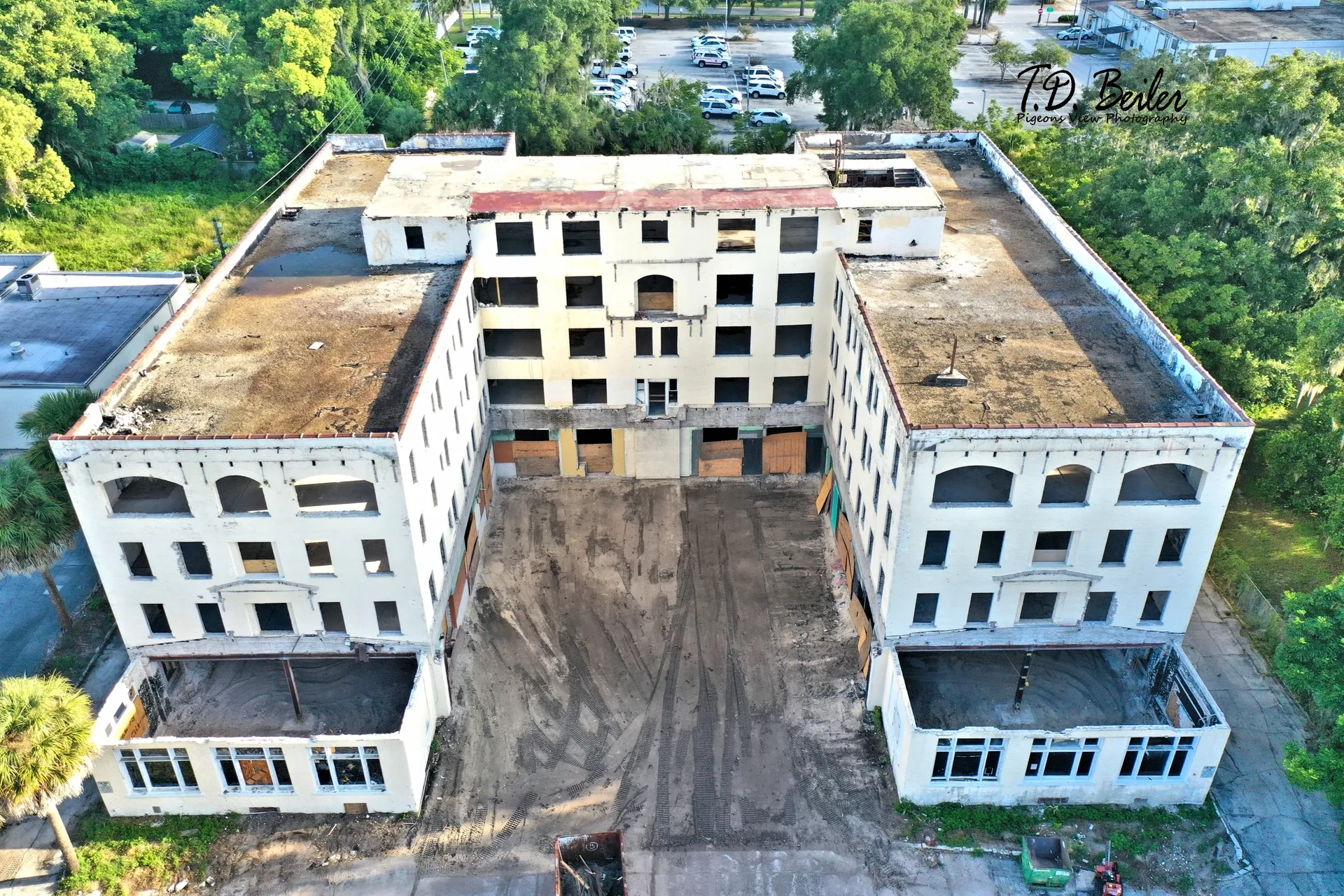 Abandoned building with courtyard aerial view