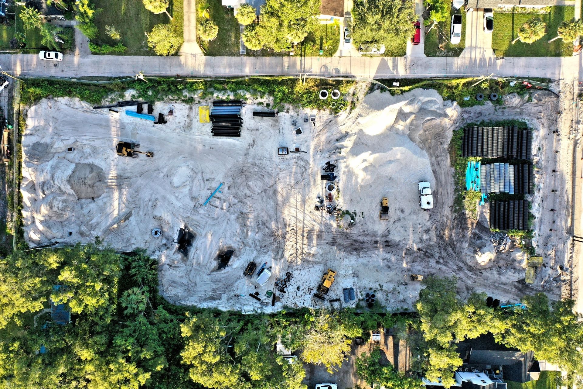 Aerial shot of construction materials and equipment