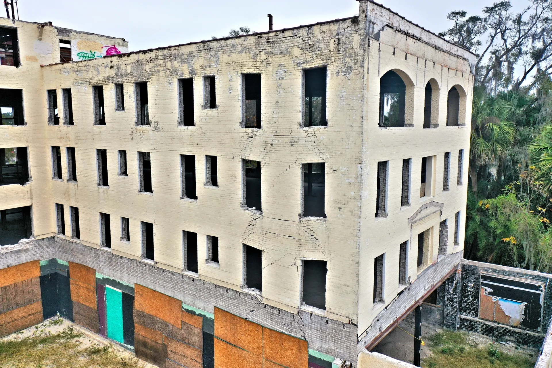 Old, deteriorating multi-story structure