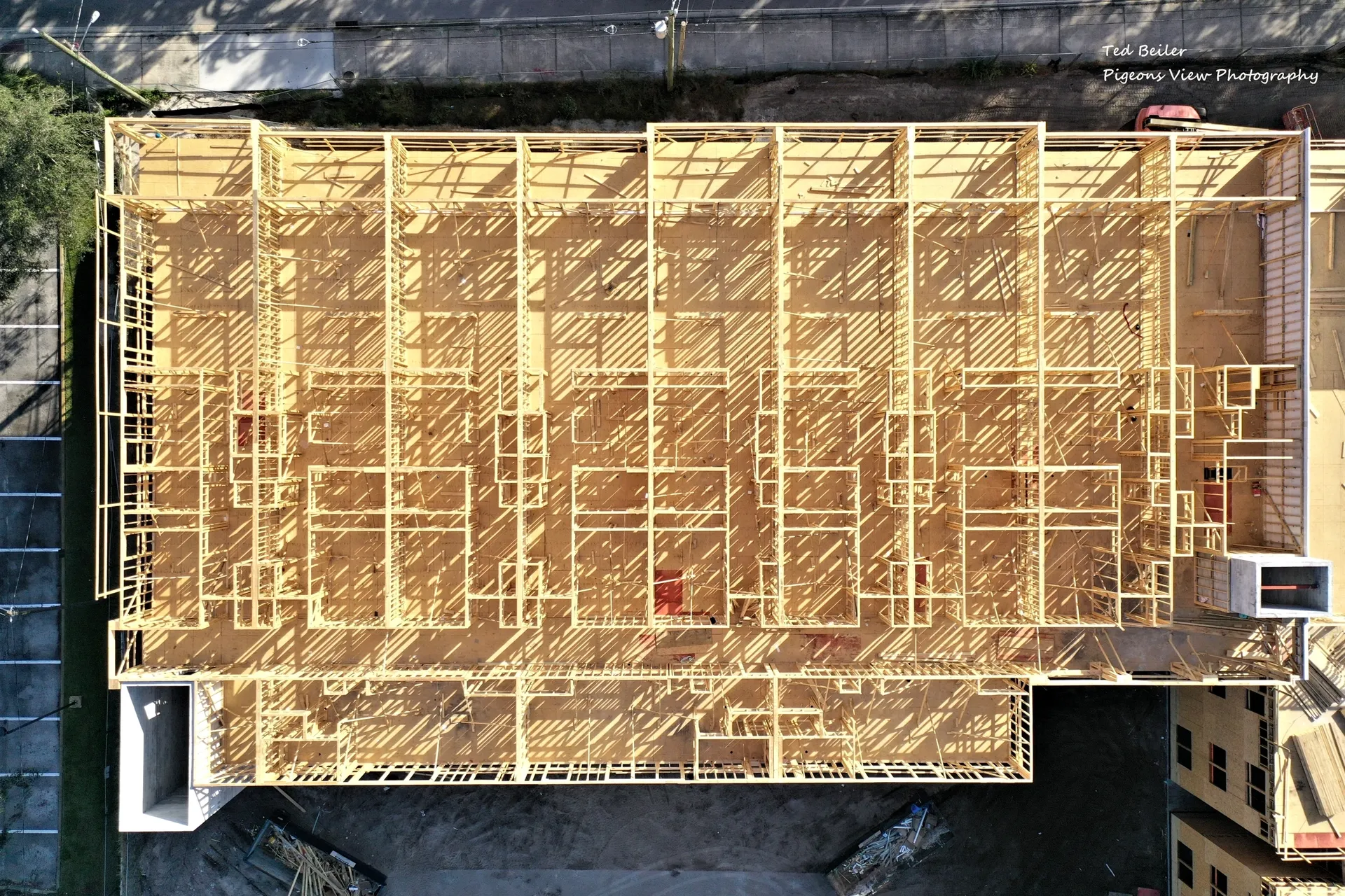 Construction site with wooden beams