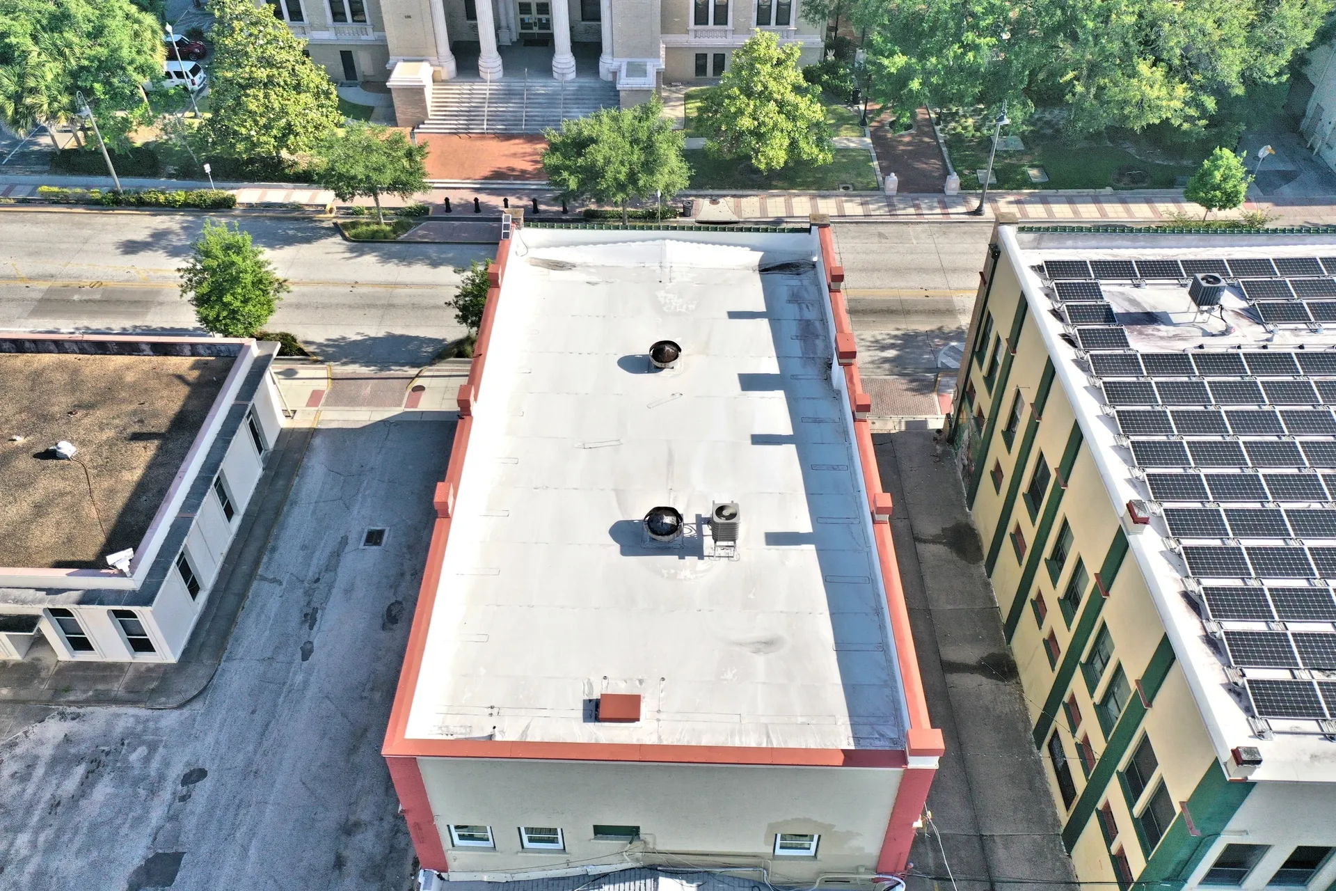 Aerial view of a city rooftop