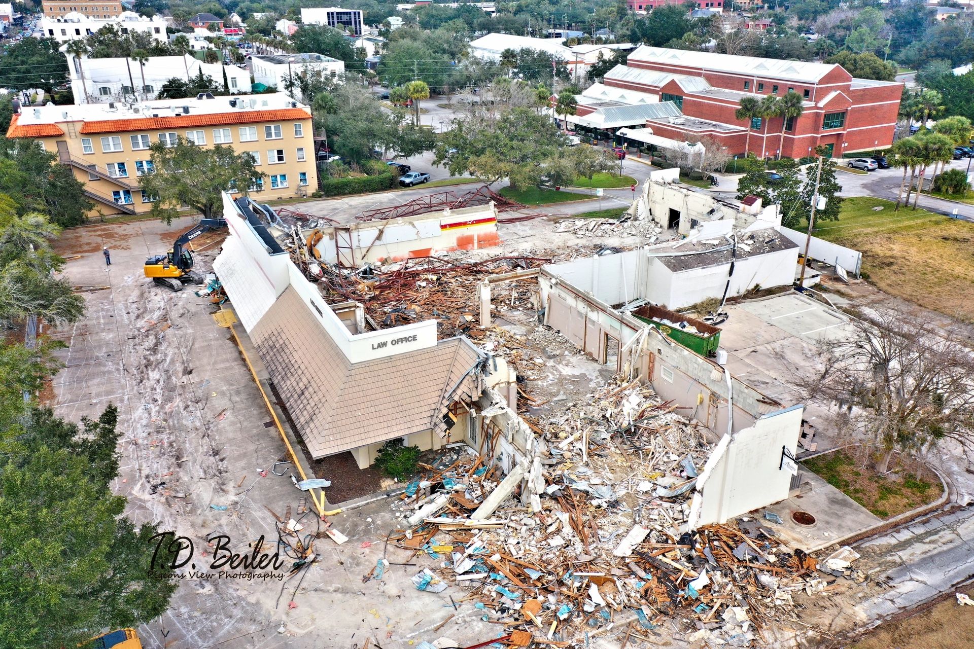 Building demolition site with debris