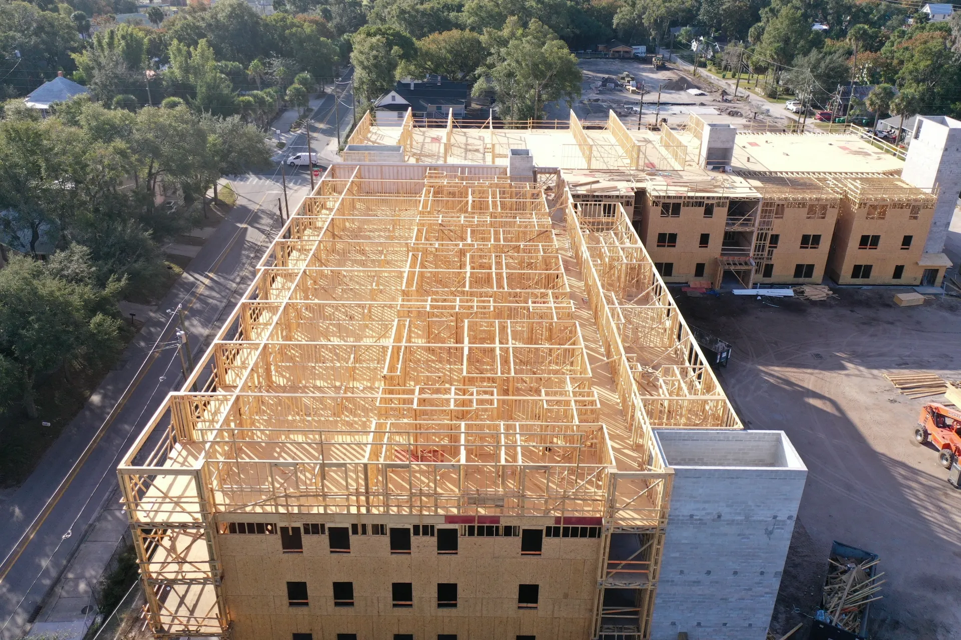 Multi-story building with visible wooden beams