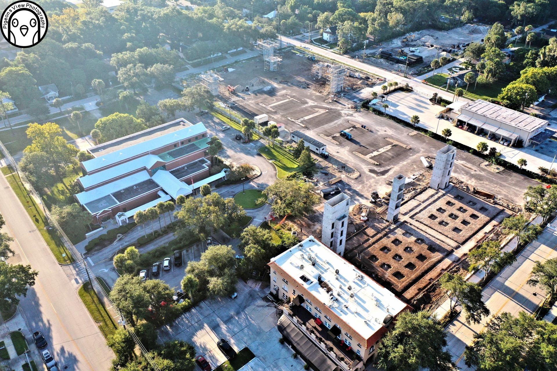Aerial view of construction site and buildings