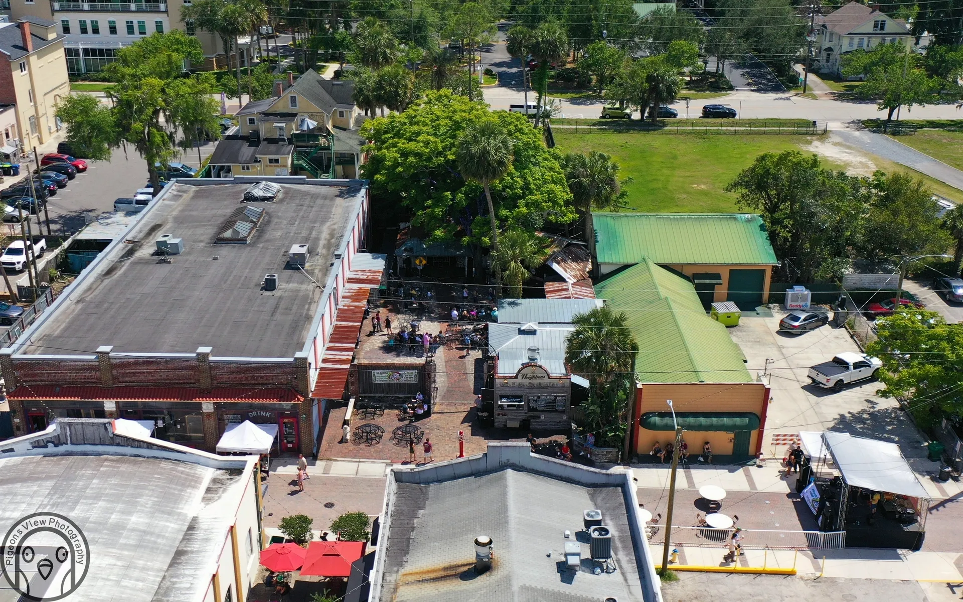 Aerial view of a lively urban area