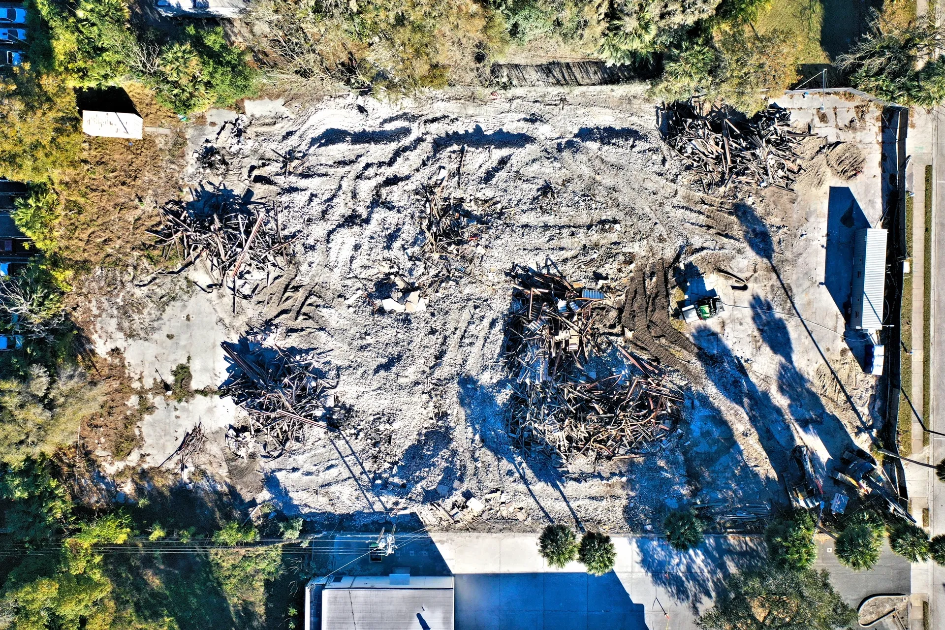 Aerial view of demolished building site.
