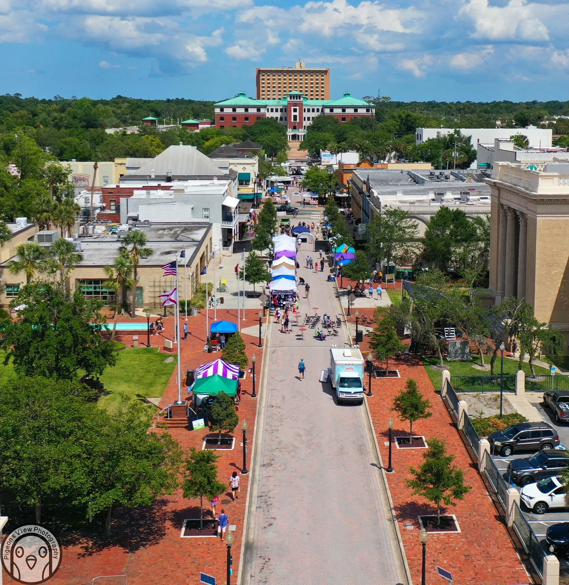 Aerial view of bustling town street