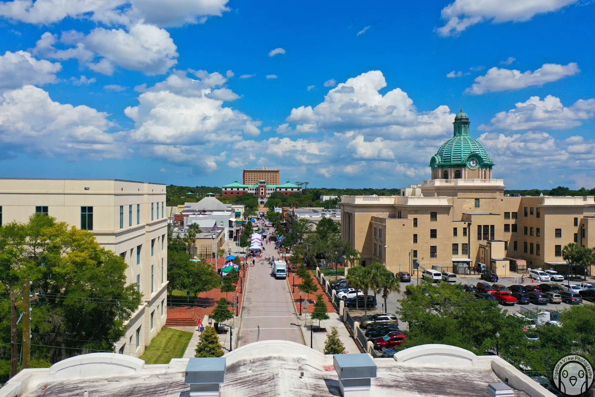Historic town square with courthouse and street view