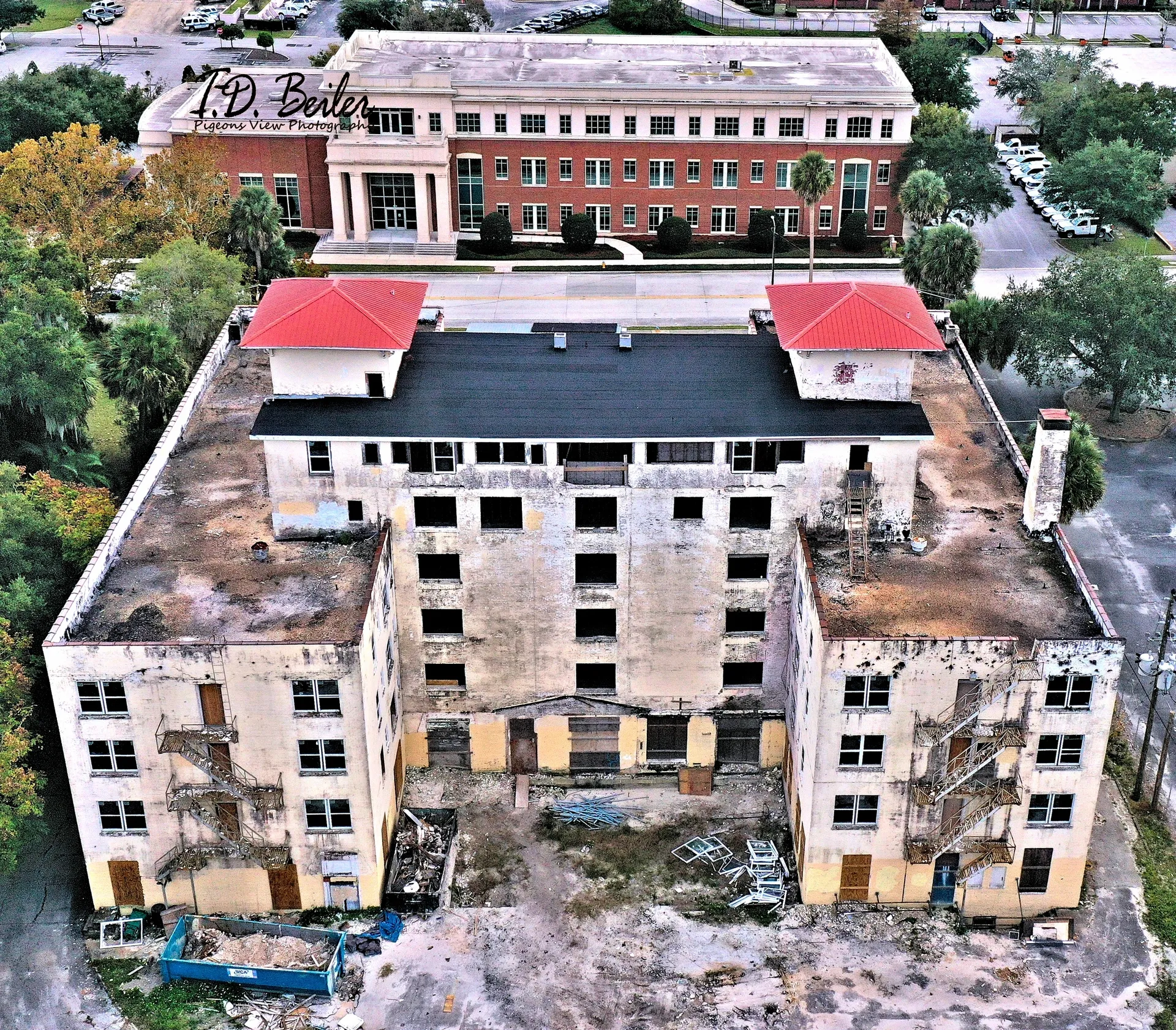 Aerial view of dilapidated structure