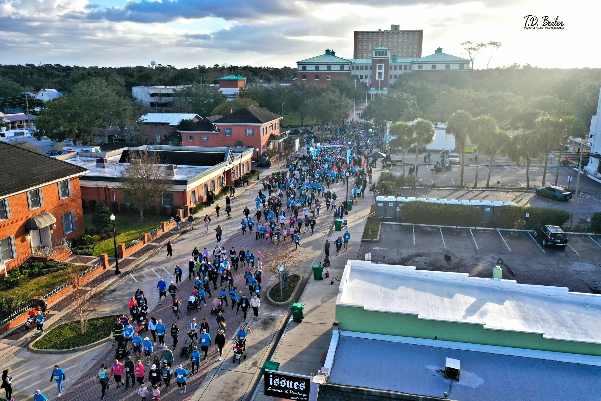 Aerial view of marathon runners on street