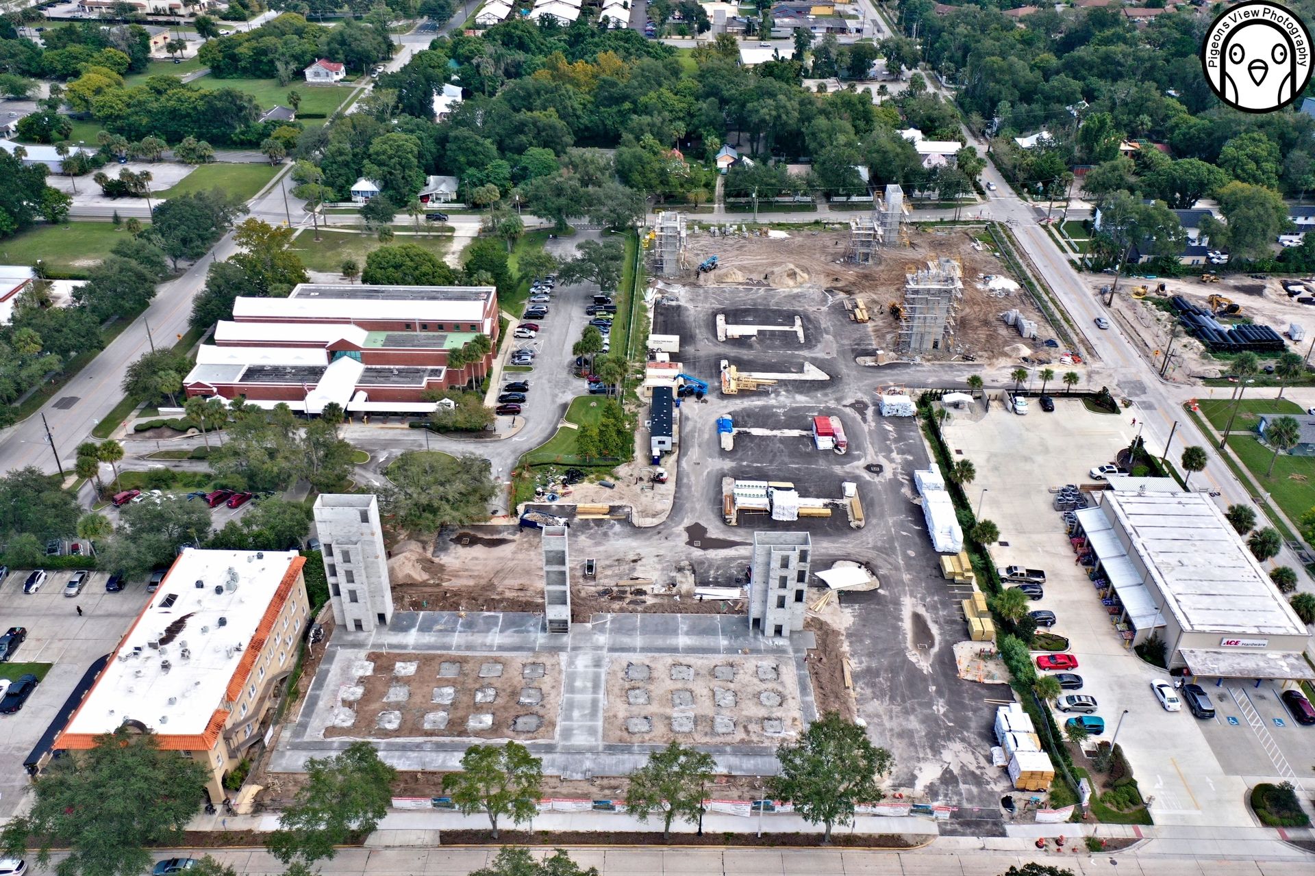 Aerial view of construction progress