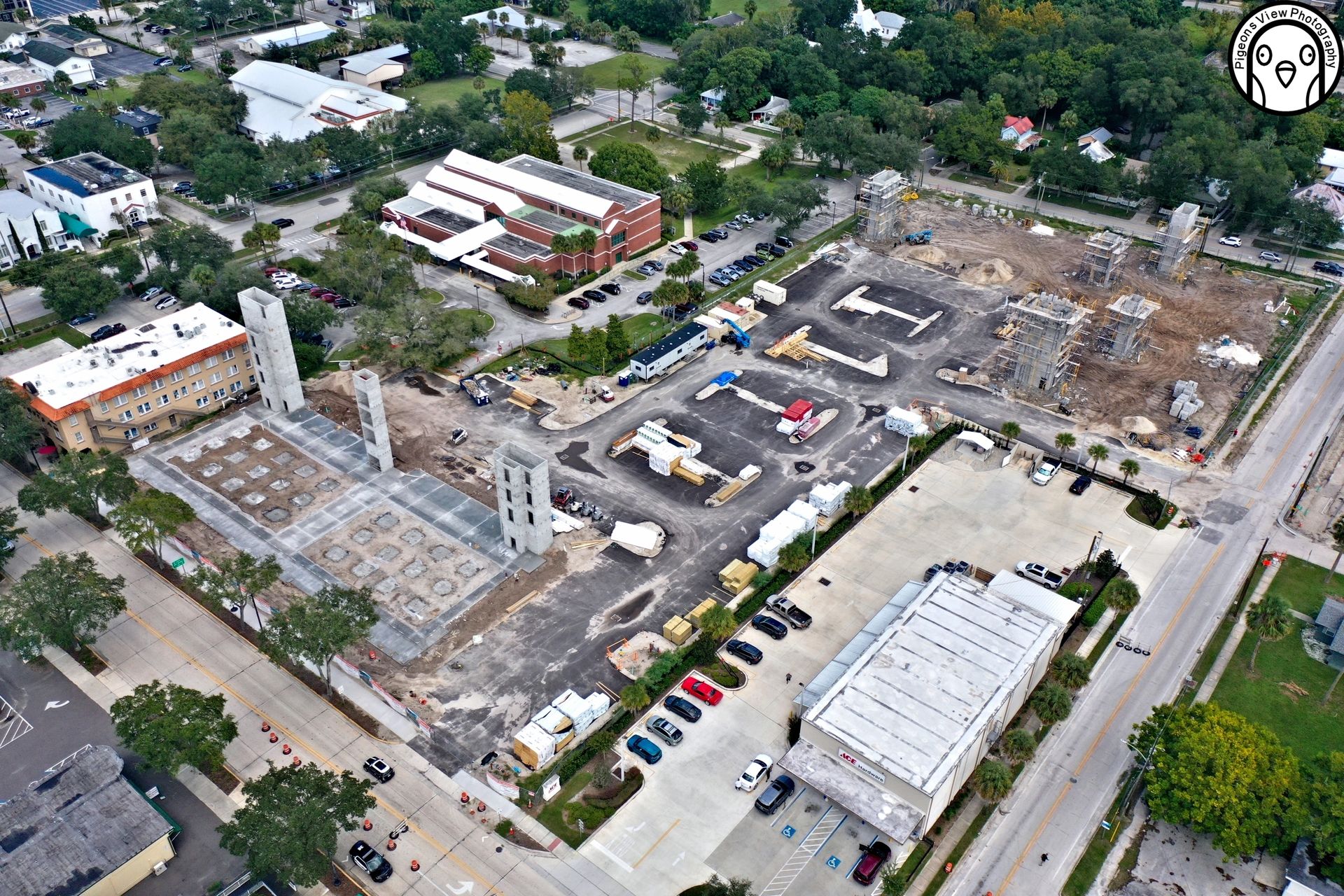 Construction site with multiple building foundations