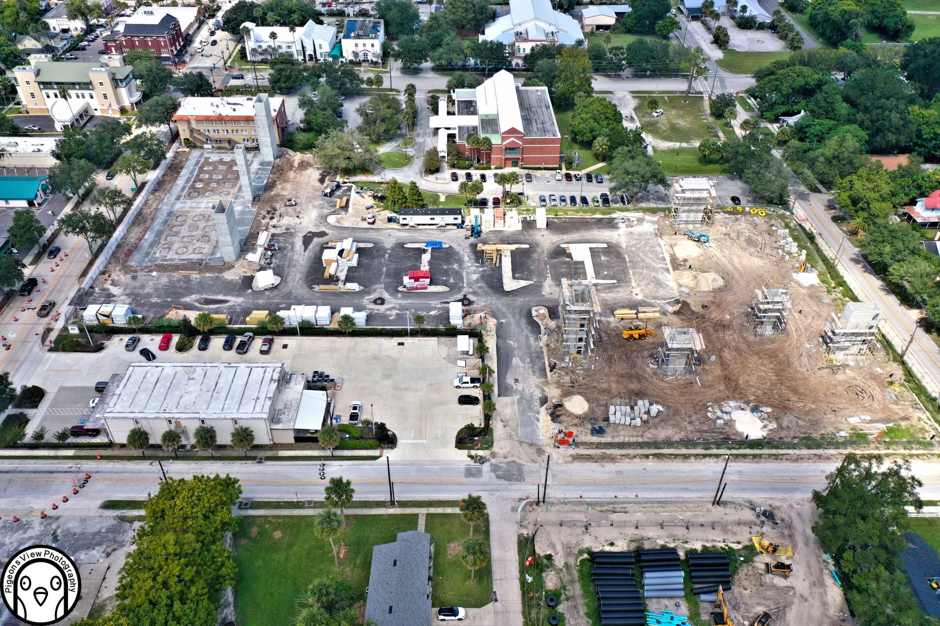 Construction area surrounded by greenery