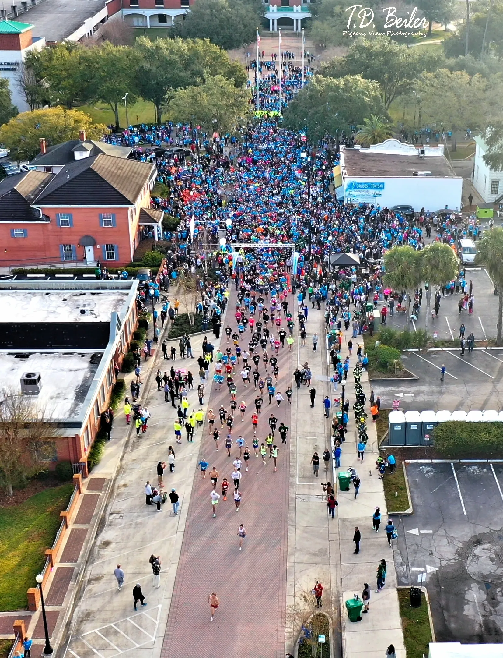 Aerial view of marathon runners