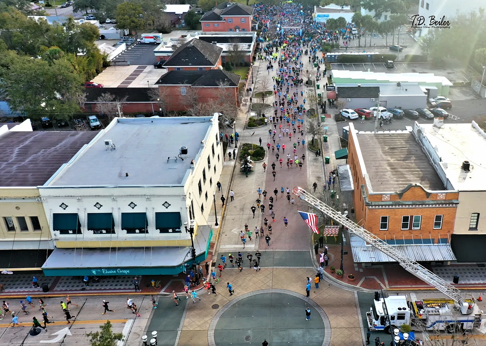 Aerial view of marathon in city