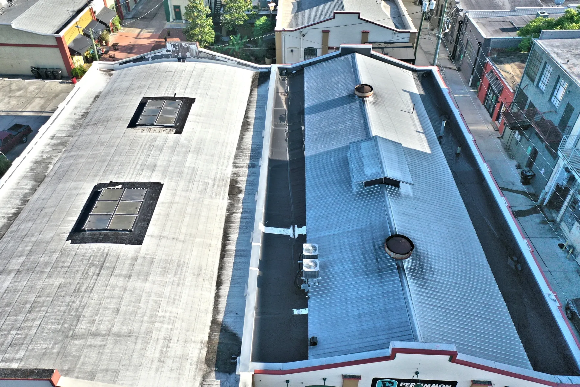 Overhead view of connected buildings