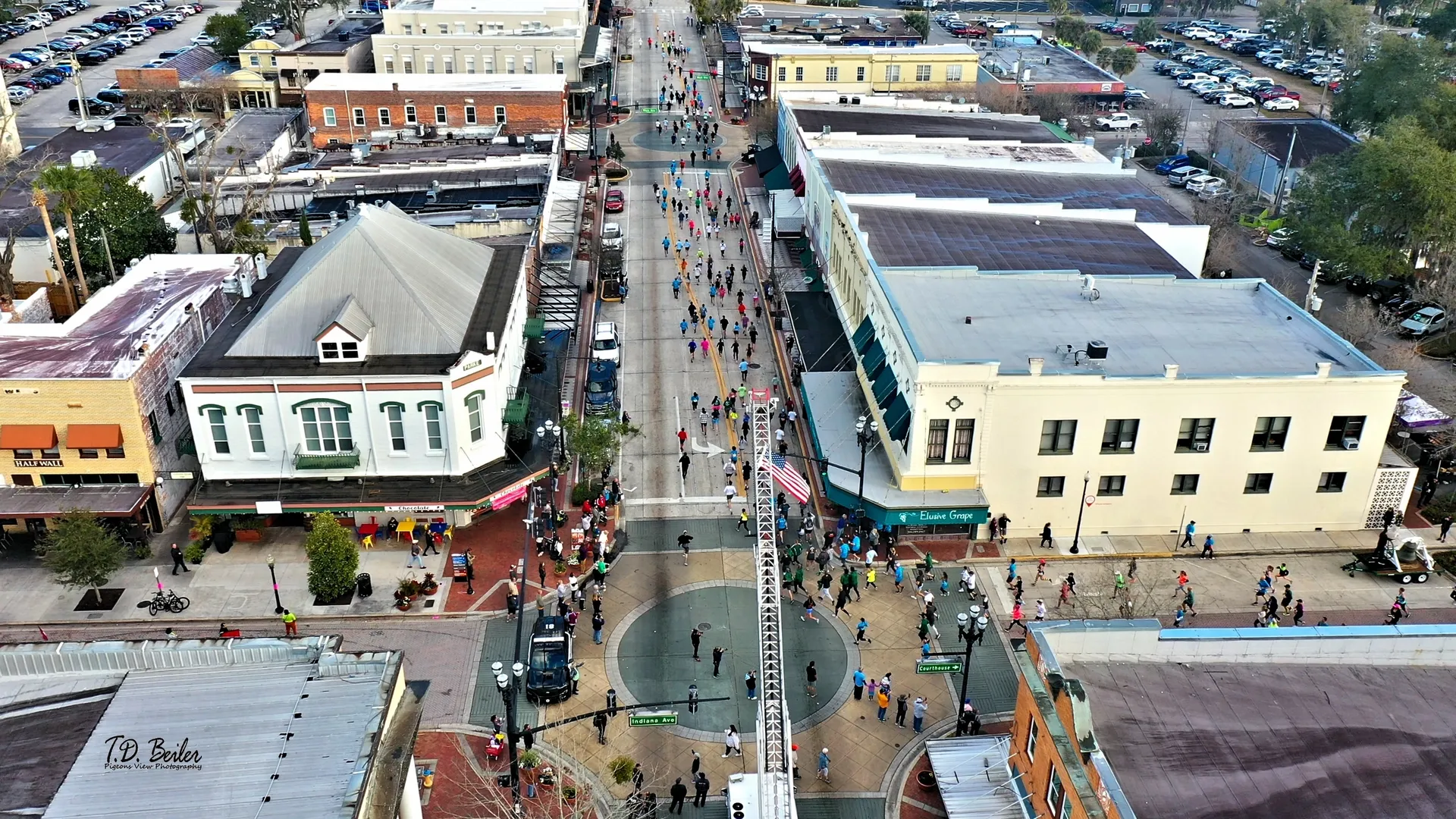 Aerial view of a bustling city street