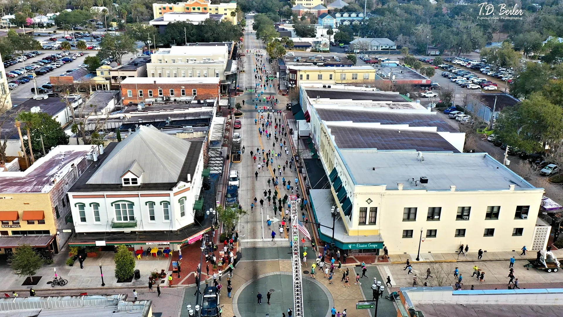 Aerial view of busy urban street scene