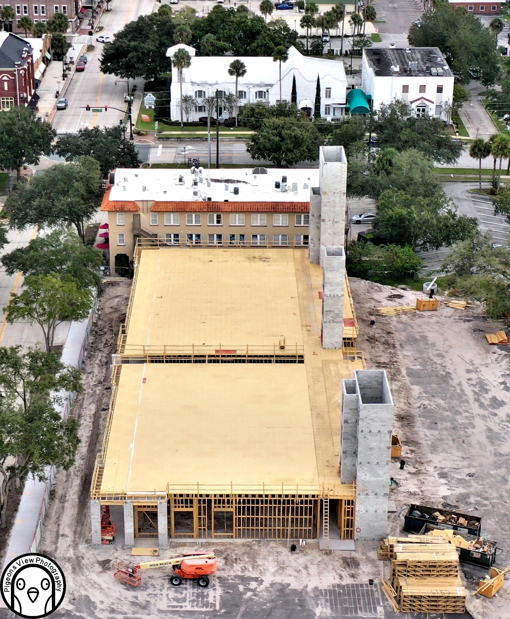 Construction site with cranes and scaffolding