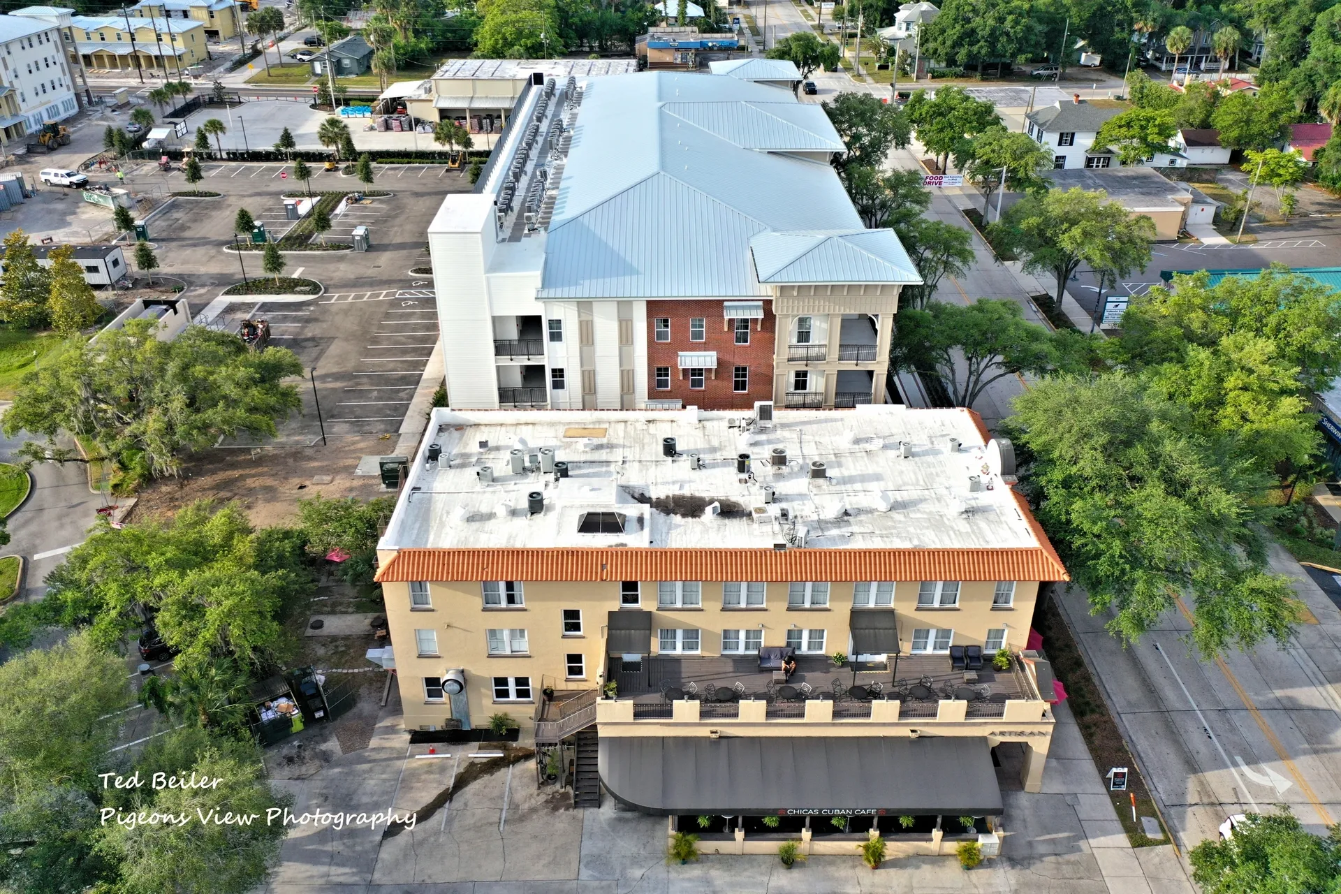 Aerial view of urban buildings and roads.