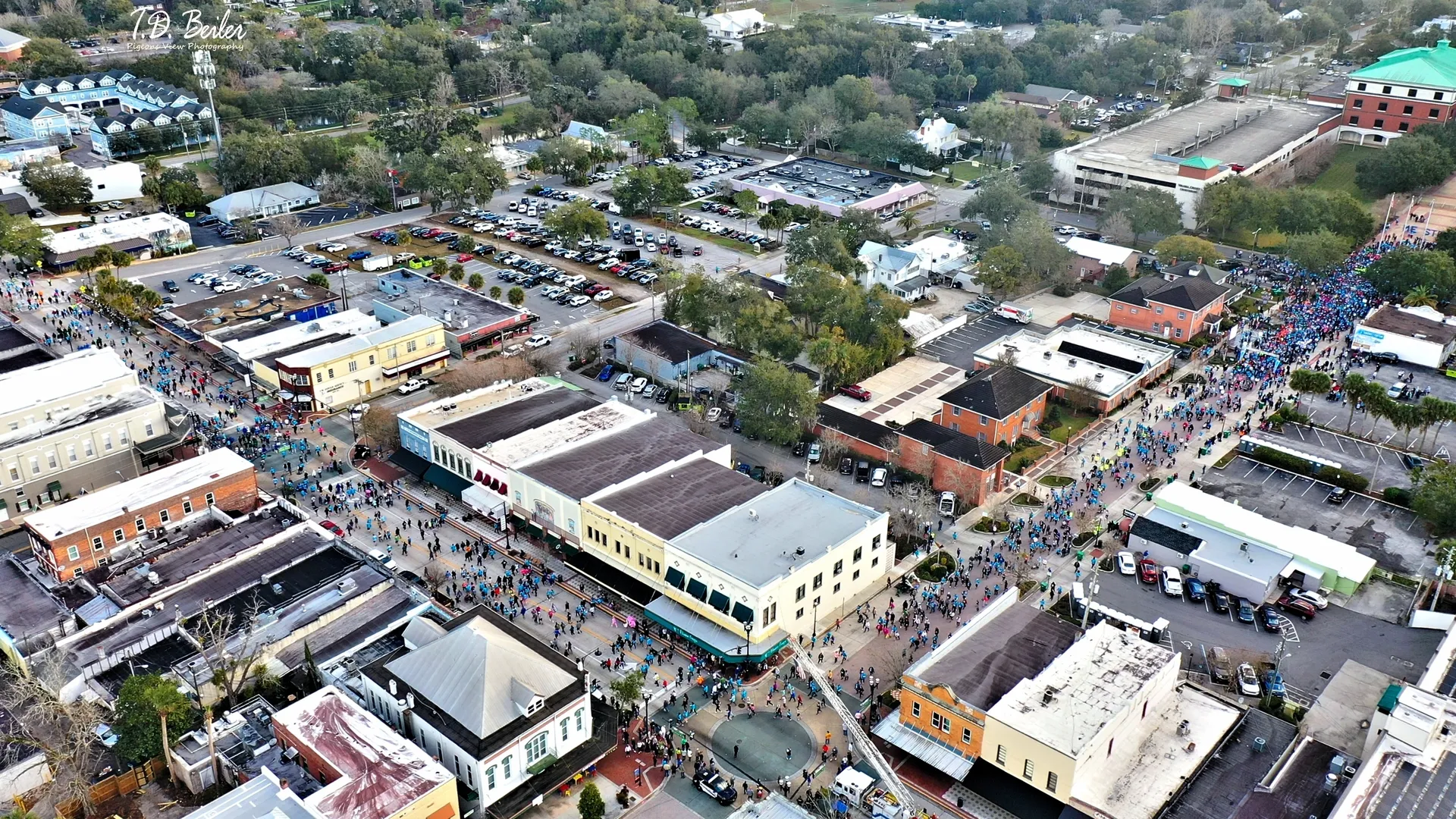 Aerial view of town with crowd