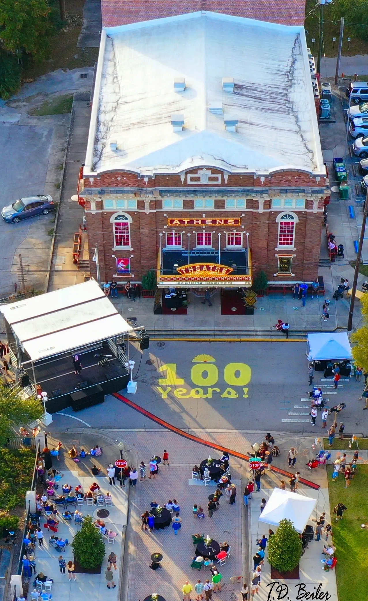 Aerial view of brick building celebration