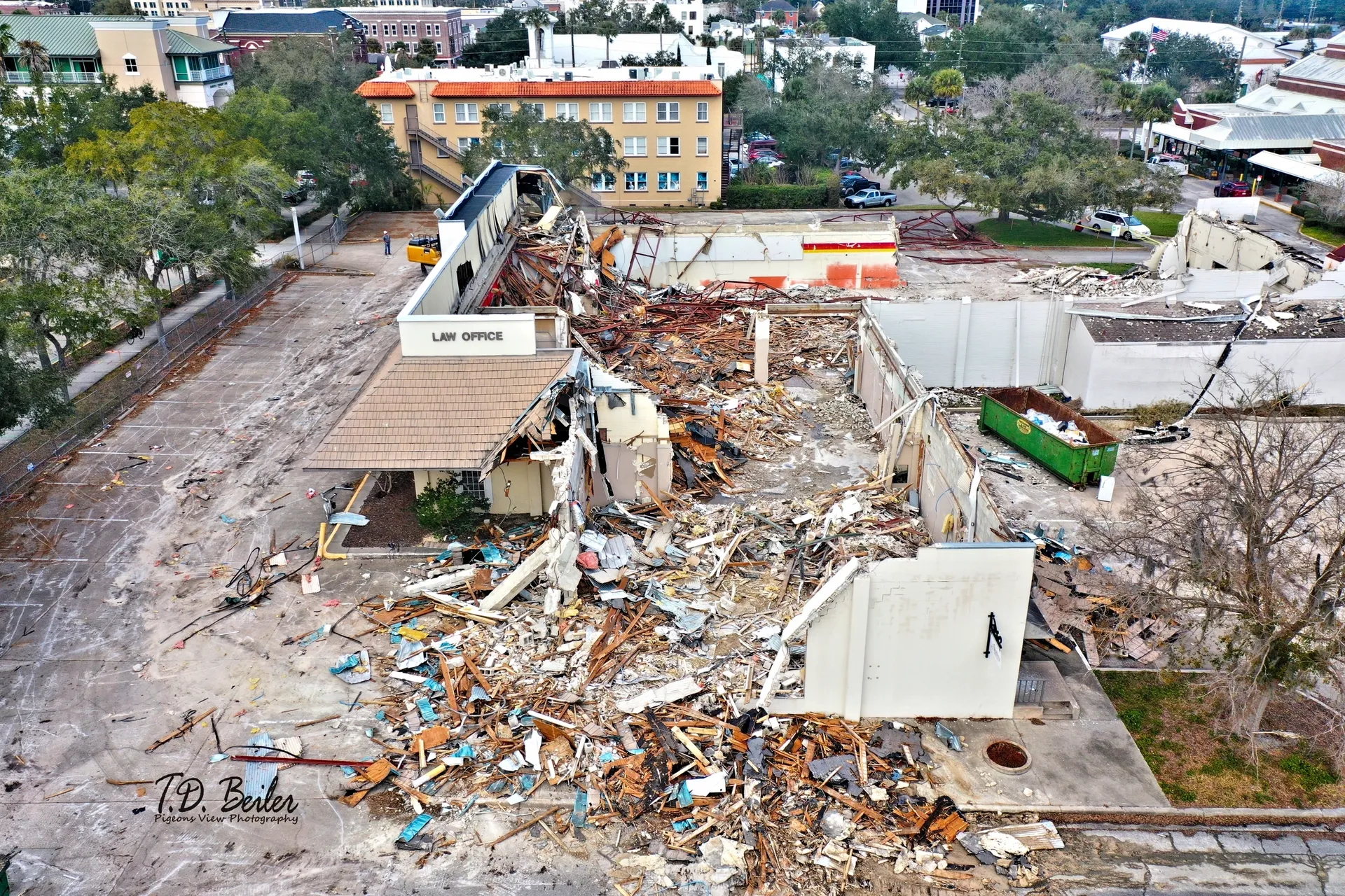 Demolished building site with debris