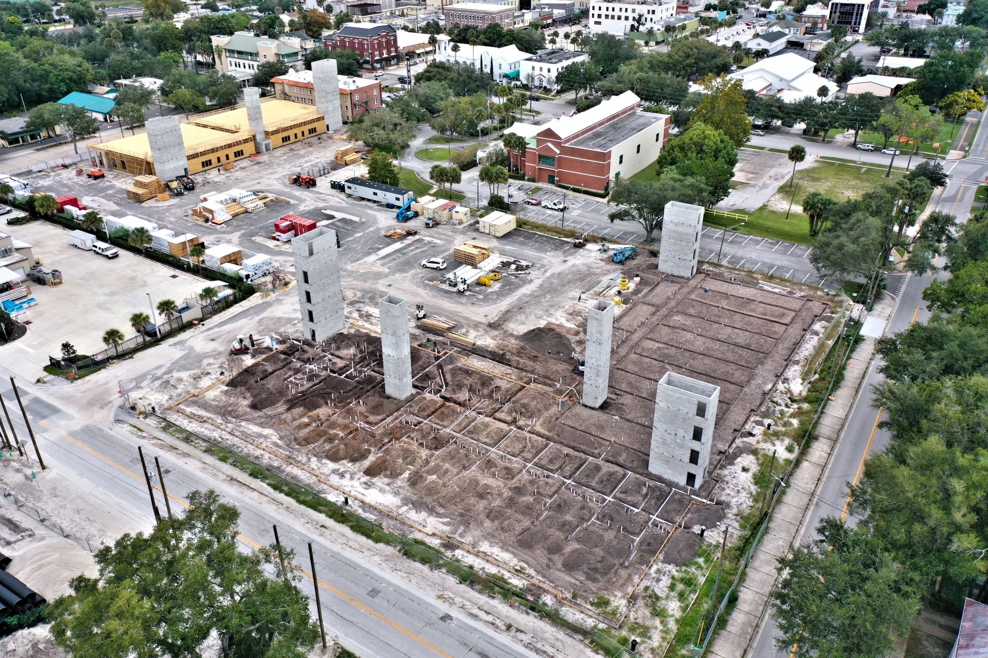 Aerial view of building foundation